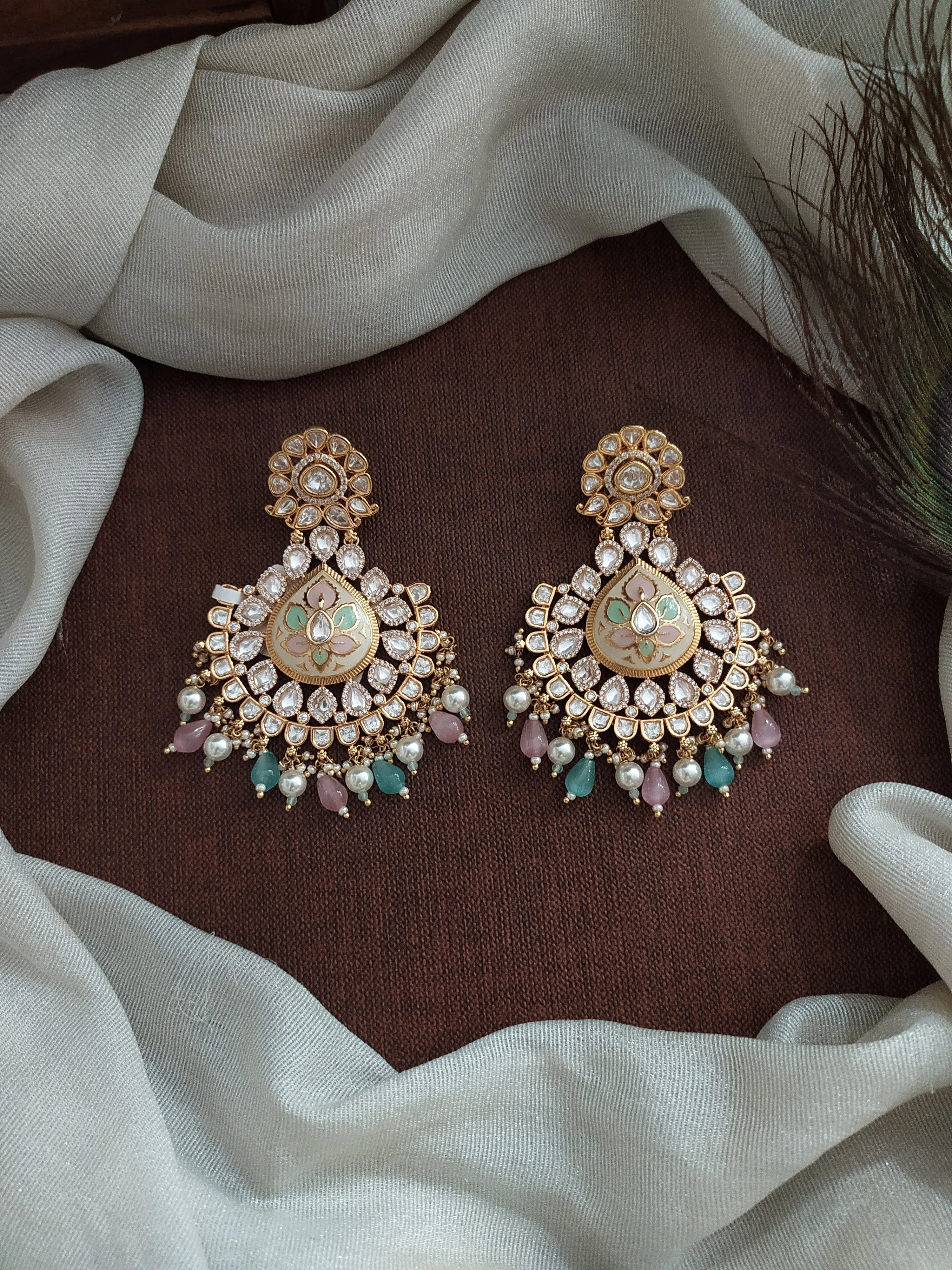 Grand Pastel Mint and Pink Kundan Dangling Earrings with Meenakari Work
