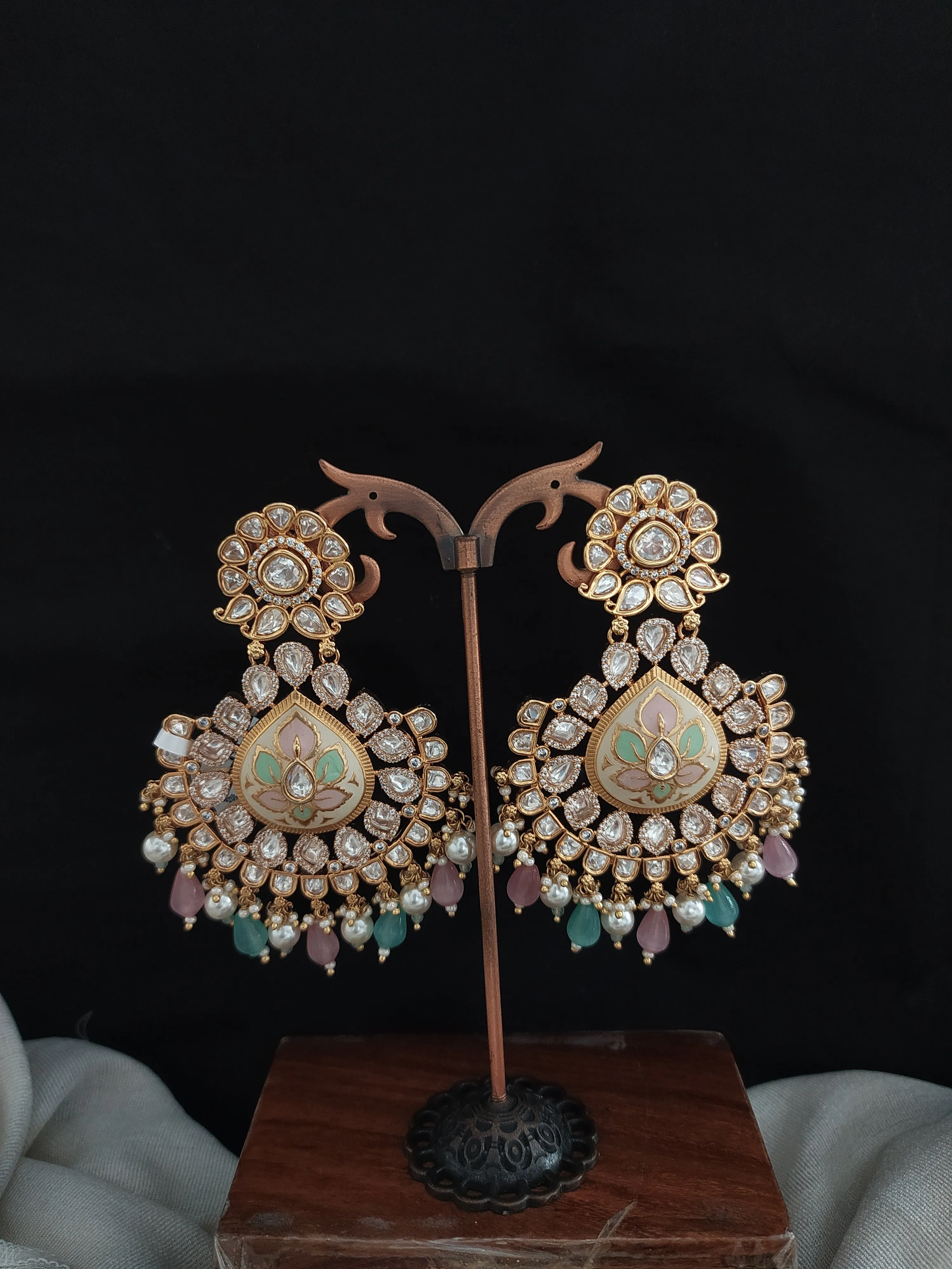 Grand Pastel Mint and Pink Kundan Dangling Earrings with Meenakari Work