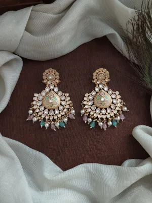 Grand Pastel Mint and Pink Kundan Dangling Earrings with Meenakari Work