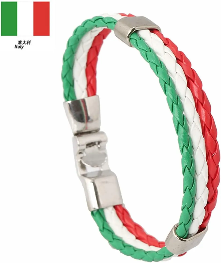 Handwoven Flag Leather Bracelet Multicolor National Flag PU Leather Bracelet Wrap Bangle with Alloy Clasp for Women Men Wristband Jewelry