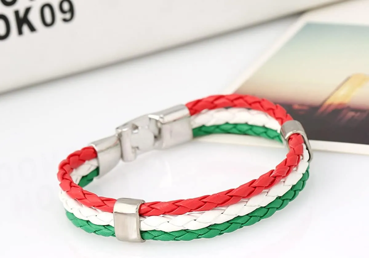 Handwoven Flag Leather Bracelet Multicolor National Flag PU Leather Bracelet Wrap Bangle with Alloy Clasp for Women Men Wristband Jewelry
