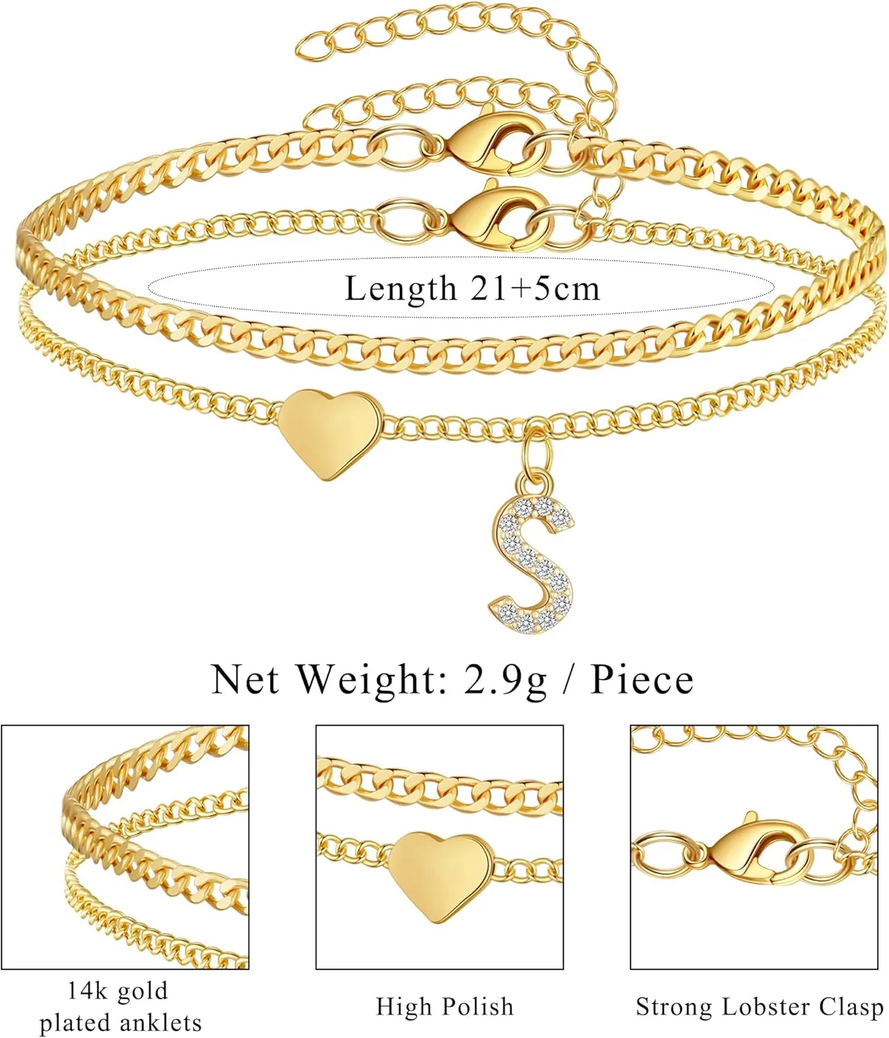 Initial Ankle Bracelets for Women 14K Gold Plated Dainty Layered Letter Heart Initial Anklet Bracelets Summer Beach Jewelry for Women