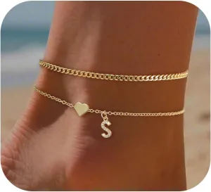 Initial Ankle Bracelets for Women 14K Gold Plated Dainty Layered Letter Heart Initial Anklet Bracelets Summer Beach Jewelry for Women