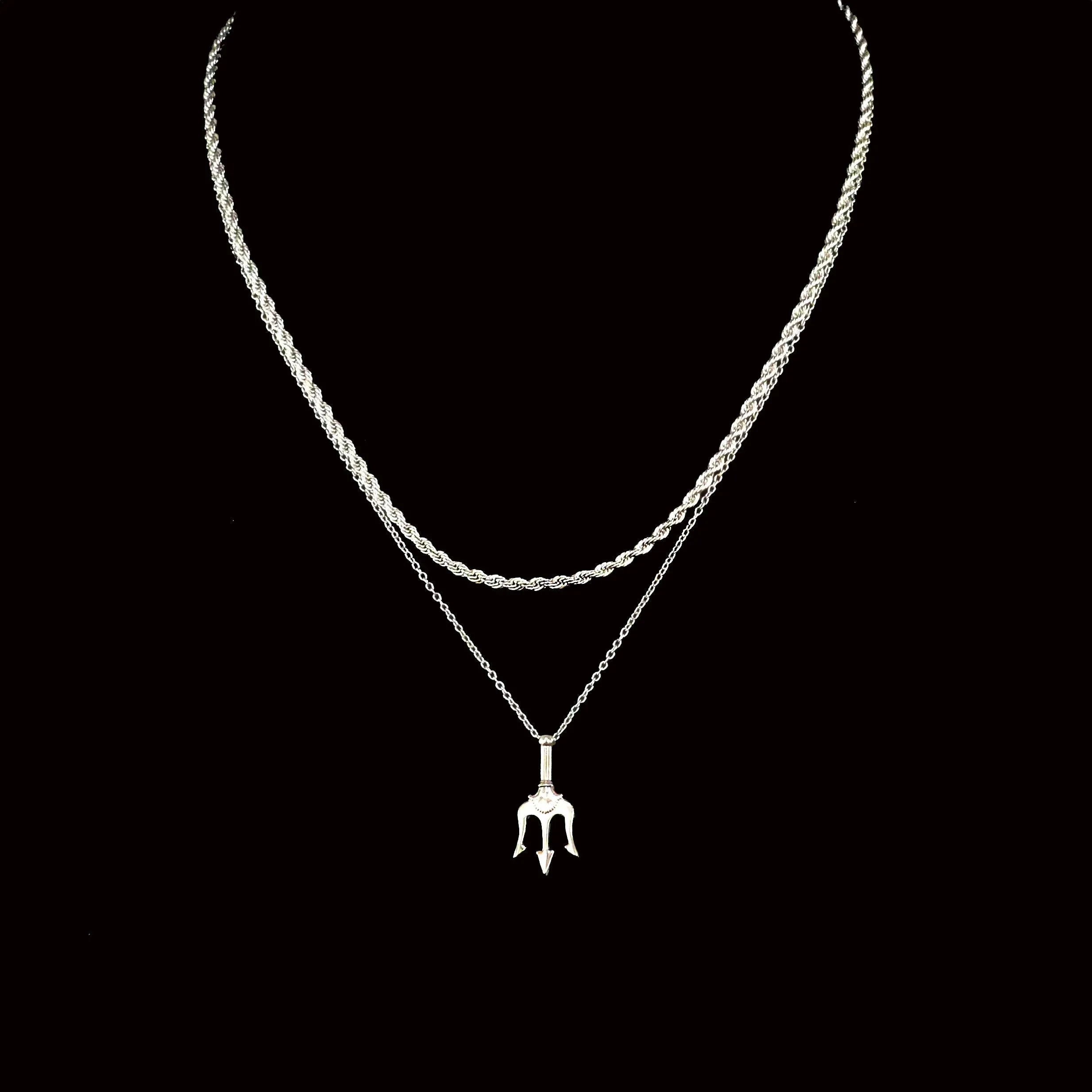 Izan Stainless Steel Trident Pendant & Spiga Chain Necklace Set