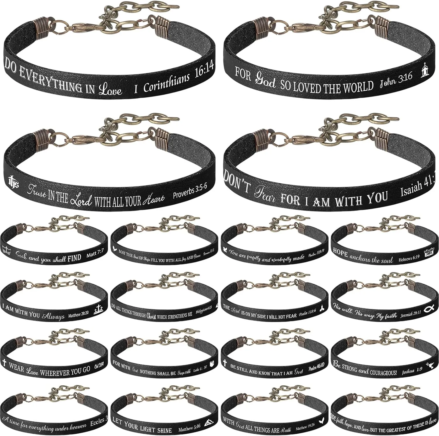 Jeyiour 20 Pieces Bible Verse Bracelets Bulk Christian Leather Bracelets, God Faith Scripture Quotes Bracelet, Inspirational Gifts Bible Bracelets Scripture for Office Home Woman Man