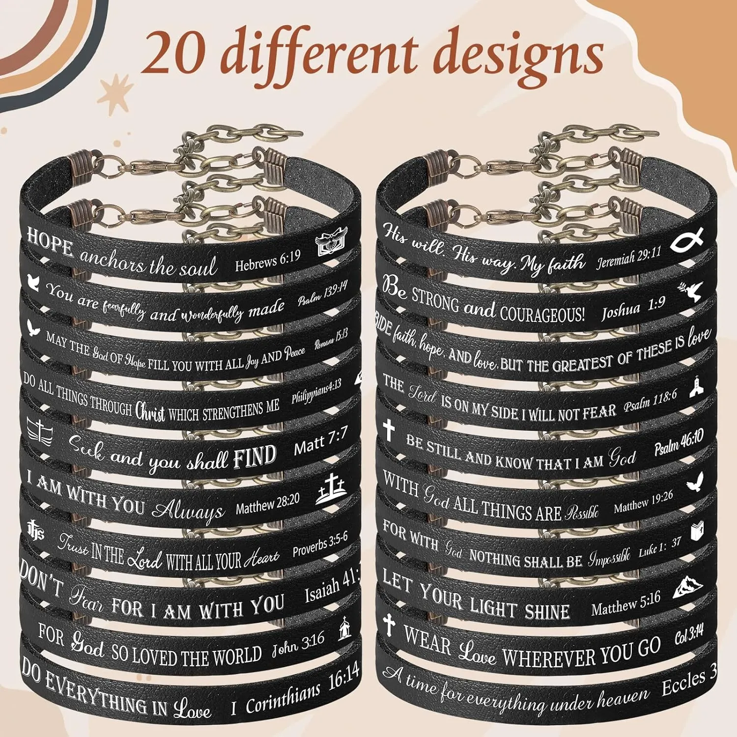 Jeyiour 20 Pieces Bible Verse Bracelets Bulk Christian Leather Bracelets, God Faith Scripture Quotes Bracelet, Inspirational Gifts Bible Bracelets Scripture for Office Home Woman Man