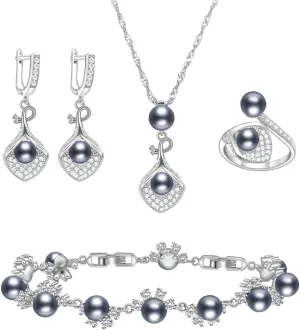 LMXXVJ Faux Pearl Jewelry Set for Women,Necklace Adjustable Ring Earrings Bracelet Set,Birthday/Wedding/Mothers Day Jewelry Gifts for Mom/Wife/Best Friend Goddess/Valentine