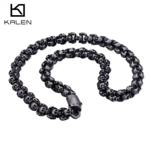 Long Skull Necklaces Men Stainless Steel Brushed Polished Gold Charm Link Chains