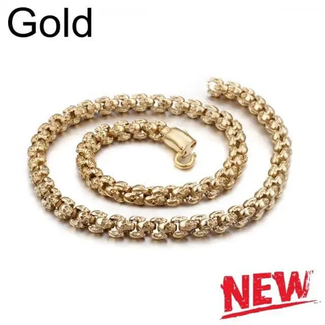 Long Skull Necklaces Men Stainless Steel Brushed Polished Gold Charm Link Chains