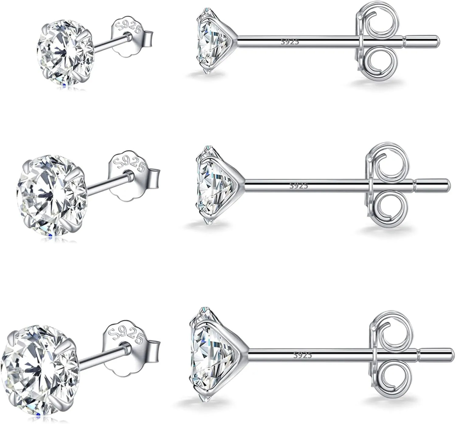 MASOP VOGU 3-5mm Sterling Silver Stud Earrings Set 14K White Gold Plated Hypoallergenic Tiny Round Cut CZ Cubic Zirconia Simulated Diamond Cartilage Studs for Women Men