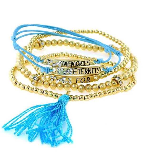 Memories For Eternity Bracelet with Gold Beads and Blue Tassel - Set of 5