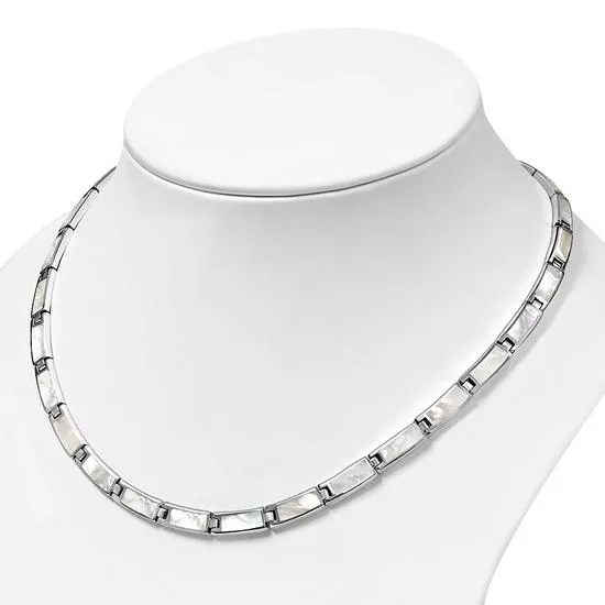 Mother of Pearl Rectangular Links Silver Necklace