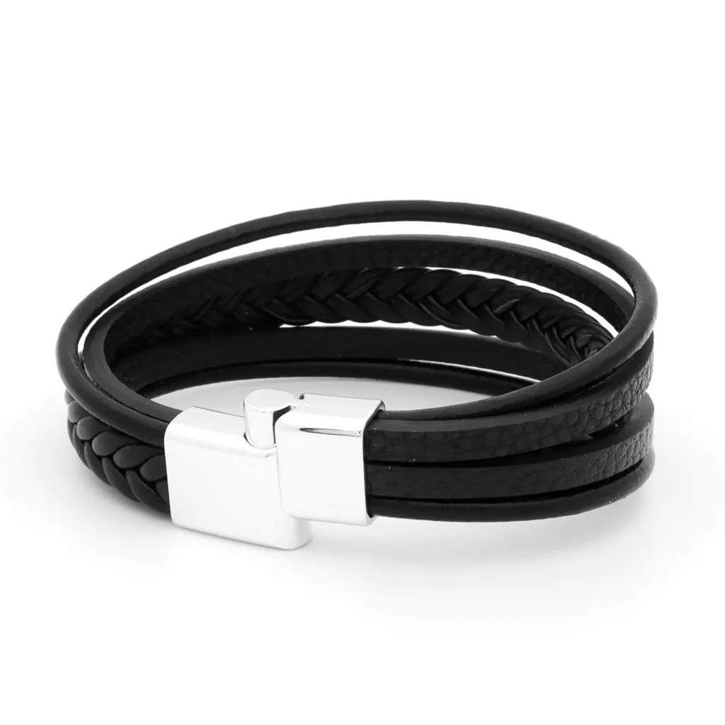 Multilayer Braided Black Leather Bracelet With Magnetic Clasp