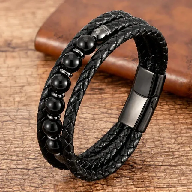 Multilayer Round Stone Leather Bracelets Tiger Eye Hematite Bracelets