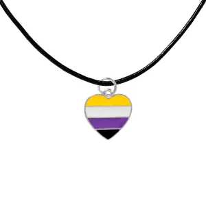 Nonbinary Flag Heart Charm Black Cord Necklaces