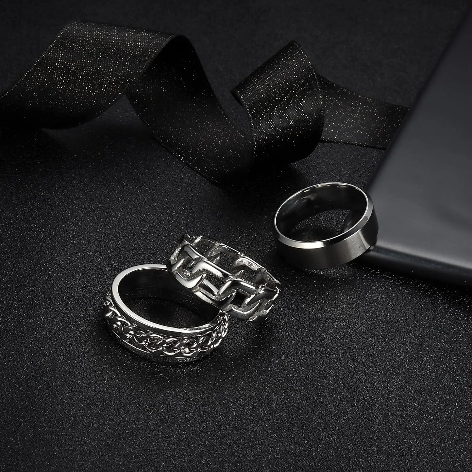 ORAZIO Mens Rings 3Pcs Silver Rings for Men Women Stainless Steel Plain Band Ring Cuban Link Chain Rings Spinner Ring Men's Promise Wedding Rings Set,Size 6-14