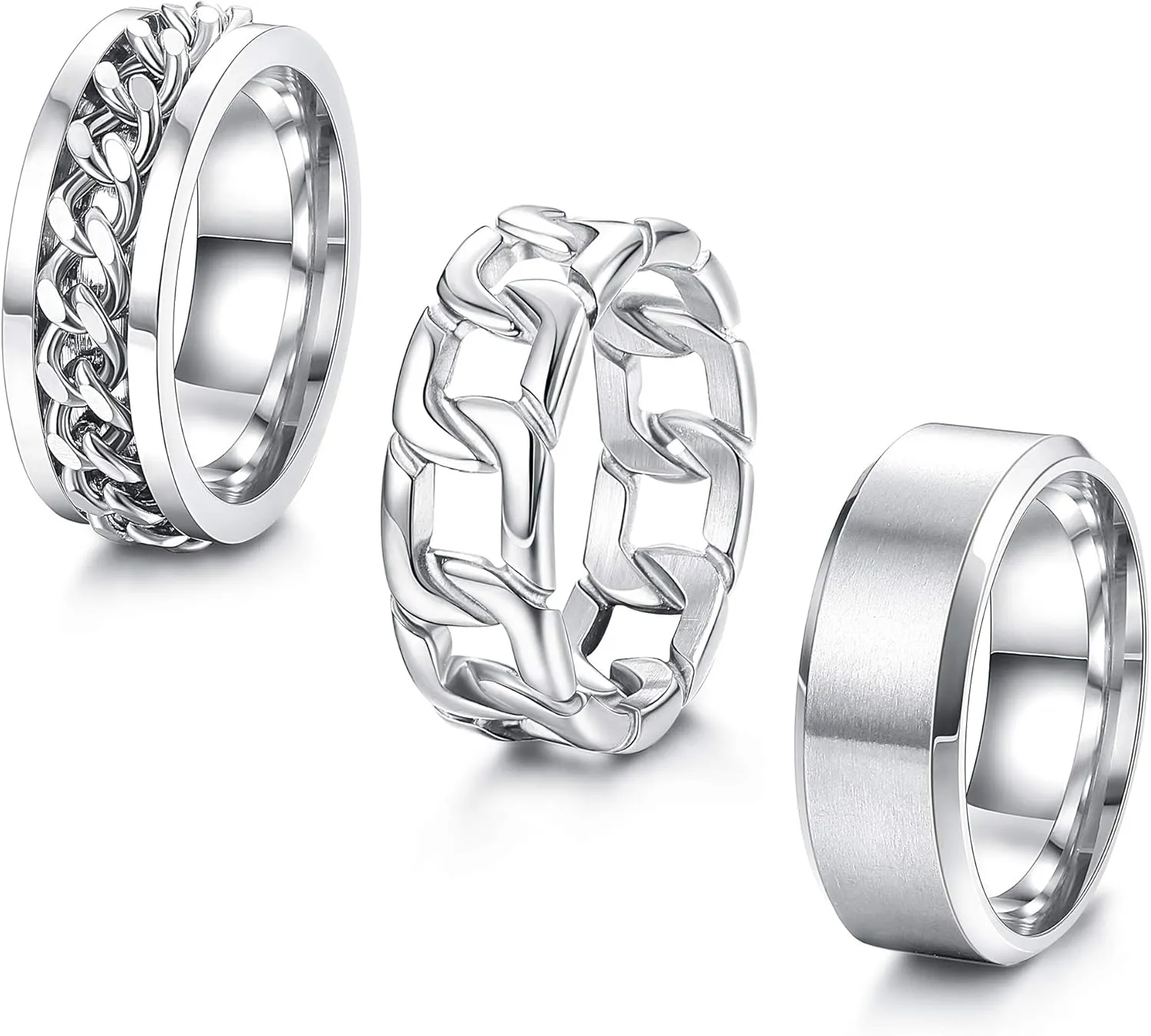 ORAZIO Mens Rings 3Pcs Silver Rings for Men Women Stainless Steel Plain Band Ring Cuban Link Chain Rings Spinner Ring Men's Promise Wedding Rings Set,Size 6-14