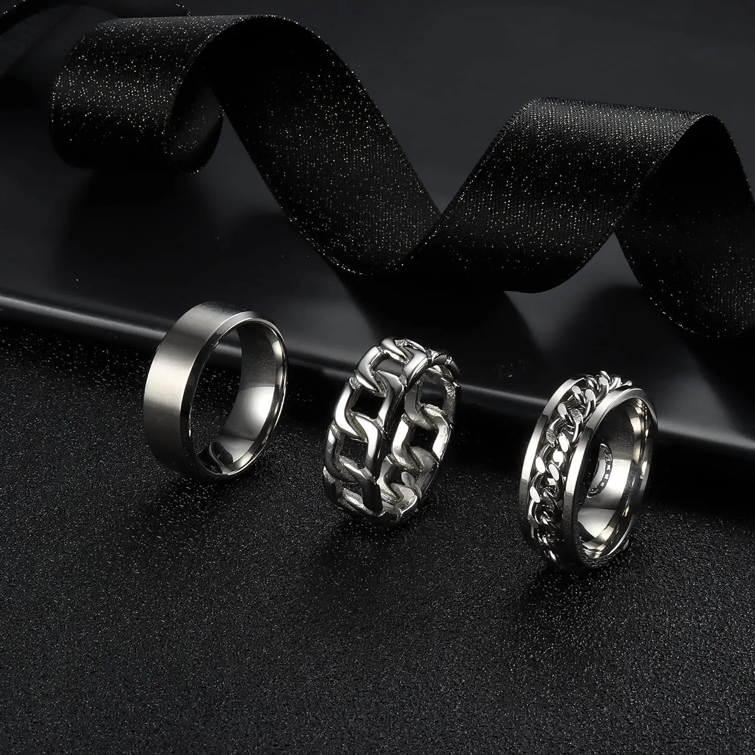 ORAZIO Mens Rings 3Pcs Silver Rings for Men Women Stainless Steel Plain Band Ring Cuban Link Chain Rings Spinner Ring Men's Promise Wedding Rings Set,Size 6-14