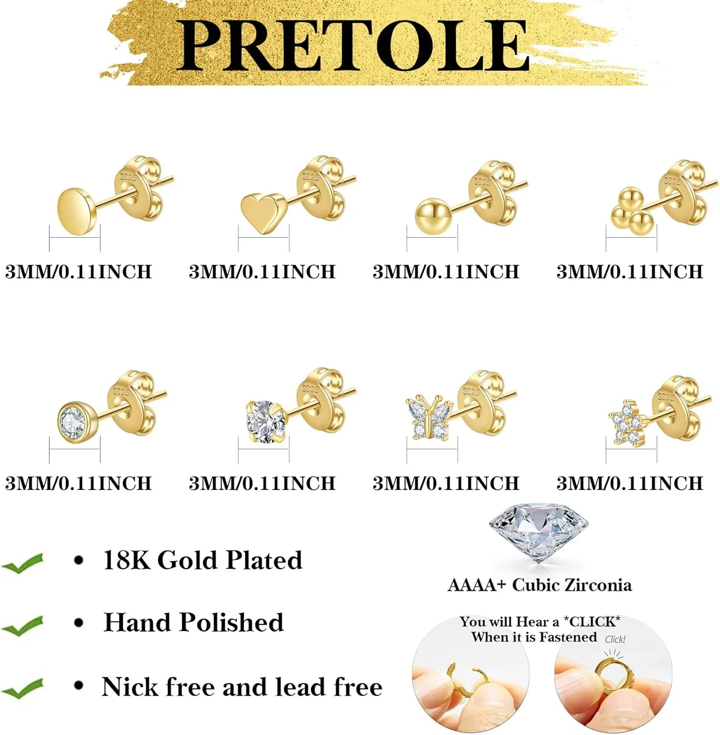 PRETOLE 8 Pairs Sterling Silver Stud Earrings for Women,14K Gold Plated Stud Earrings Set for Women Hypoallergenic Stud Earrings Cubic Zirconia Stud Earrings Small Stud Earrings for Women