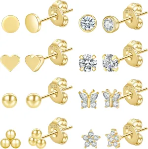 PRETOLE 8 Pairs Sterling Silver Stud Earrings for Women,14K Gold Plated Stud Earrings Set for Women Hypoallergenic Stud Earrings Cubic Zirconia Stud Earrings Small Stud Earrings for Women