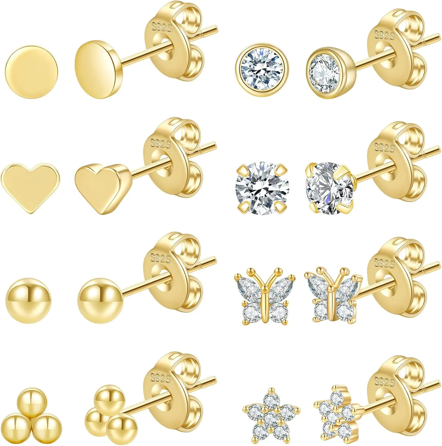 PRETOLE 8 Pairs Sterling Silver Stud Earrings for Women,14K Gold Plated Stud Earrings Set for Women Hypoallergenic Stud Earrings Cubic Zirconia Stud Earrings Small Stud Earrings for Women