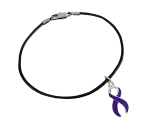 Purple Ribbon Charm Black Cord Bracelets