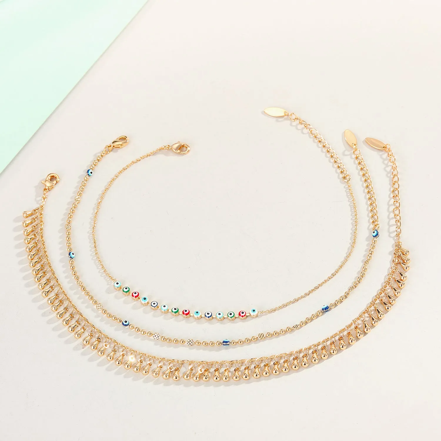 Real Gold-Plated Water Drop Tassel Anklet Dripping Oil Turkish Blue Eye Anklet Summer Beach Footwear