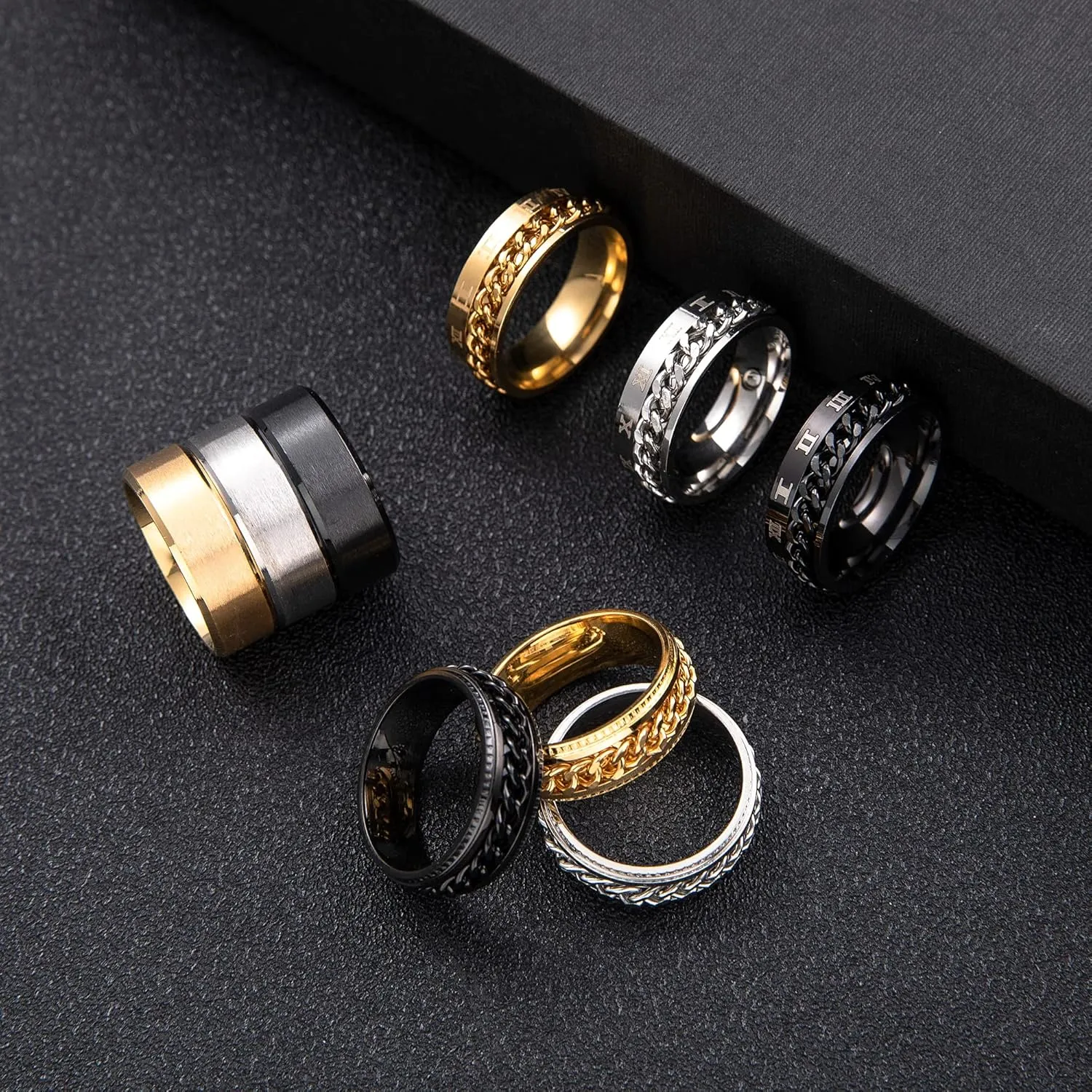 REVOLIA 9Pcs Stainless Steel Chain Spinner Rings for Men Women Cool Fidget Band Rings Wedding Pormise Ring Set 8MM Size 7-13