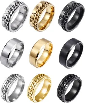 REVOLIA 9Pcs Stainless Steel Chain Spinner Rings for Men Women Cool Fidget Band Rings Wedding Pormise Ring Set 8MM Size 7-13