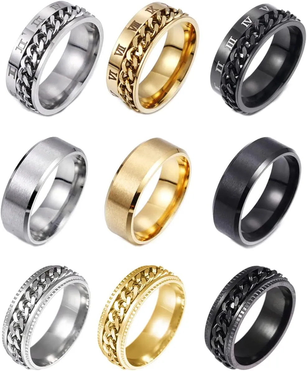 REVOLIA 9Pcs Stainless Steel Chain Spinner Rings for Men Women Cool Fidget Band Rings Wedding Pormise Ring Set 8MM Size 7-13