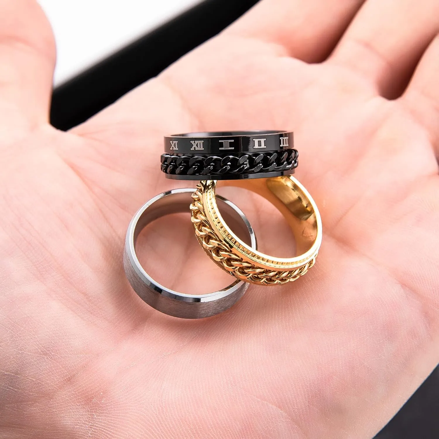 REVOLIA 9Pcs Stainless Steel Chain Spinner Rings for Men Women Cool Fidget Band Rings Wedding Pormise Ring Set 8MM Size 7-13