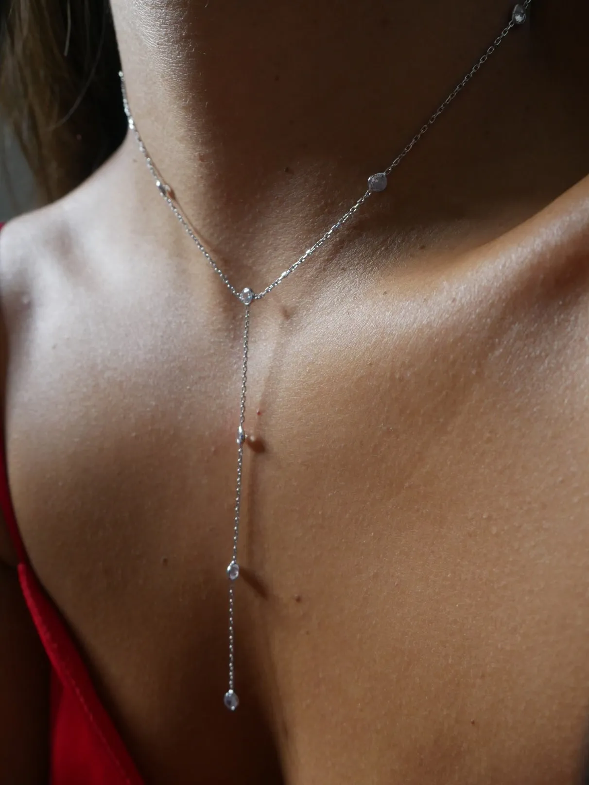 Sexy Lariat Necklace 925 Sterling Silver Drop Down Y Style  Cubic Zirconia Diamonds - KESLEY