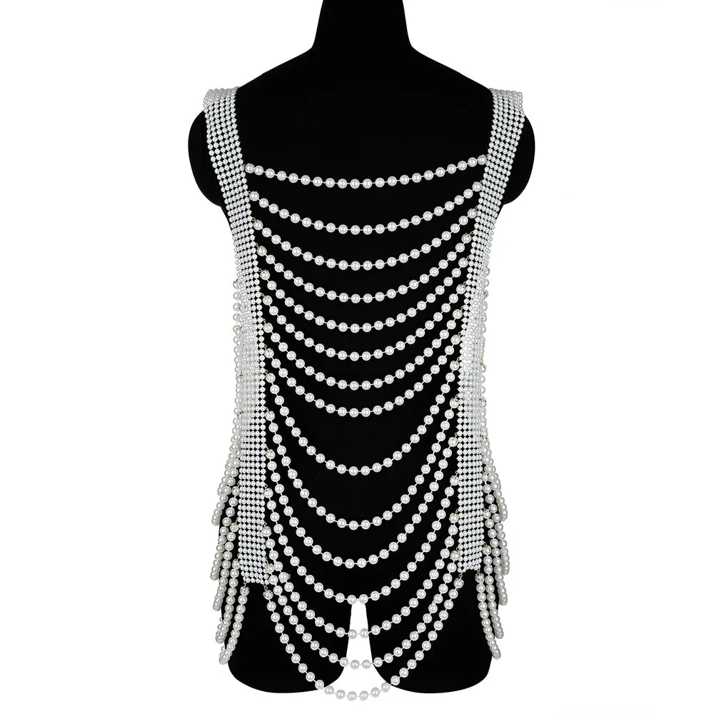 Sexy Pearl Body Chain For Women Necklaces Shawl Female Punk Style Beaded Collar Shoulder Sweater  Long Chain Bridal Body Jewelry
