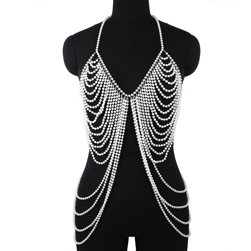 Sexy Pearl Body Chain For Women Necklaces Shawl Female Punk Style Beaded Collar Shoulder Sweater  Long Chain Bridal Body Jewelry