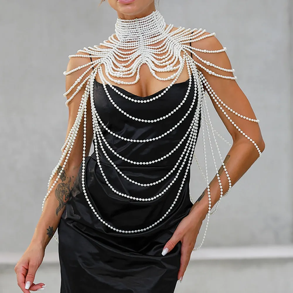 Sexy Pearl Body Chain For Women Necklaces Shawl Female Punk Style Beaded Collar Shoulder Sweater  Long Chain Bridal Body Jewelry