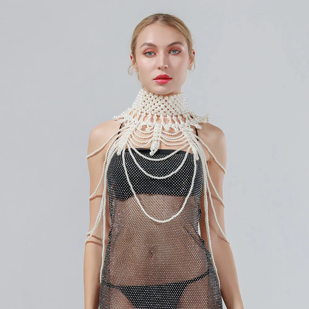 Sexy Pearl Body Chain For Women Necklaces Shawl Female Punk Style Beaded Collar Shoulder Sweater  Long Chain Bridal Body Jewelry