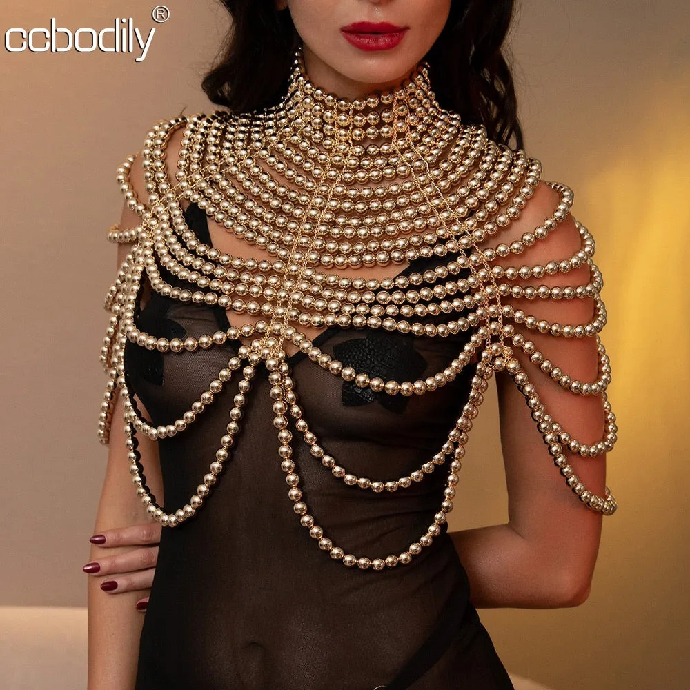 Sexy Pearl Body Chain For Women Necklaces Shawl Female Punk Style Beaded Collar Shoulder Sweater  Long Chain Bridal Body Jewelry