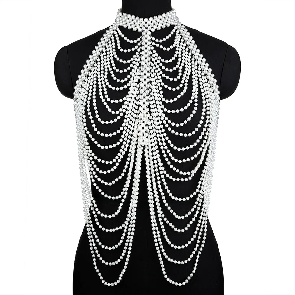 Sexy Pearl Body Chain For Women Necklaces Shawl Female Punk Style Beaded Collar Shoulder Sweater  Long Chain Bridal Body Jewelry