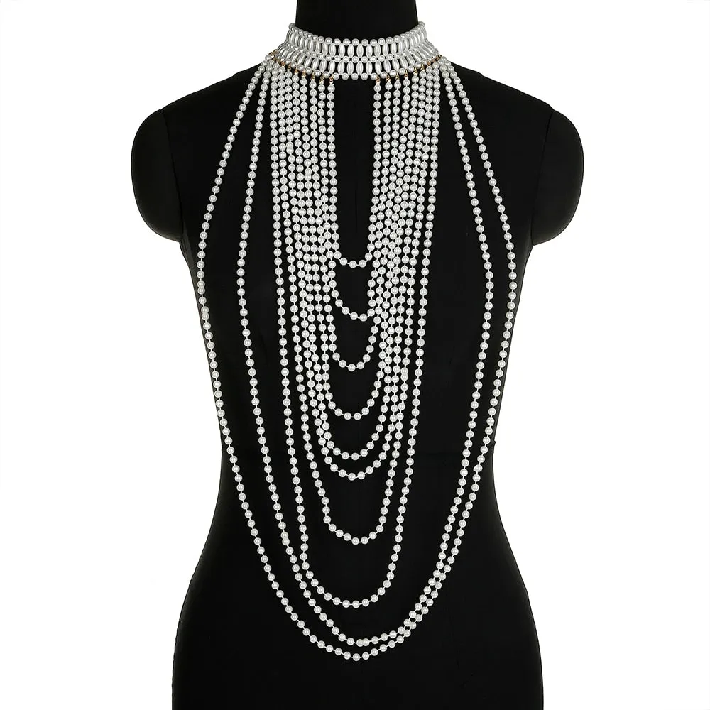 Sexy Pearl Body Chain For Women Necklaces Shawl Female Punk Style Beaded Collar Shoulder Sweater  Long Chain Bridal Body Jewelry
