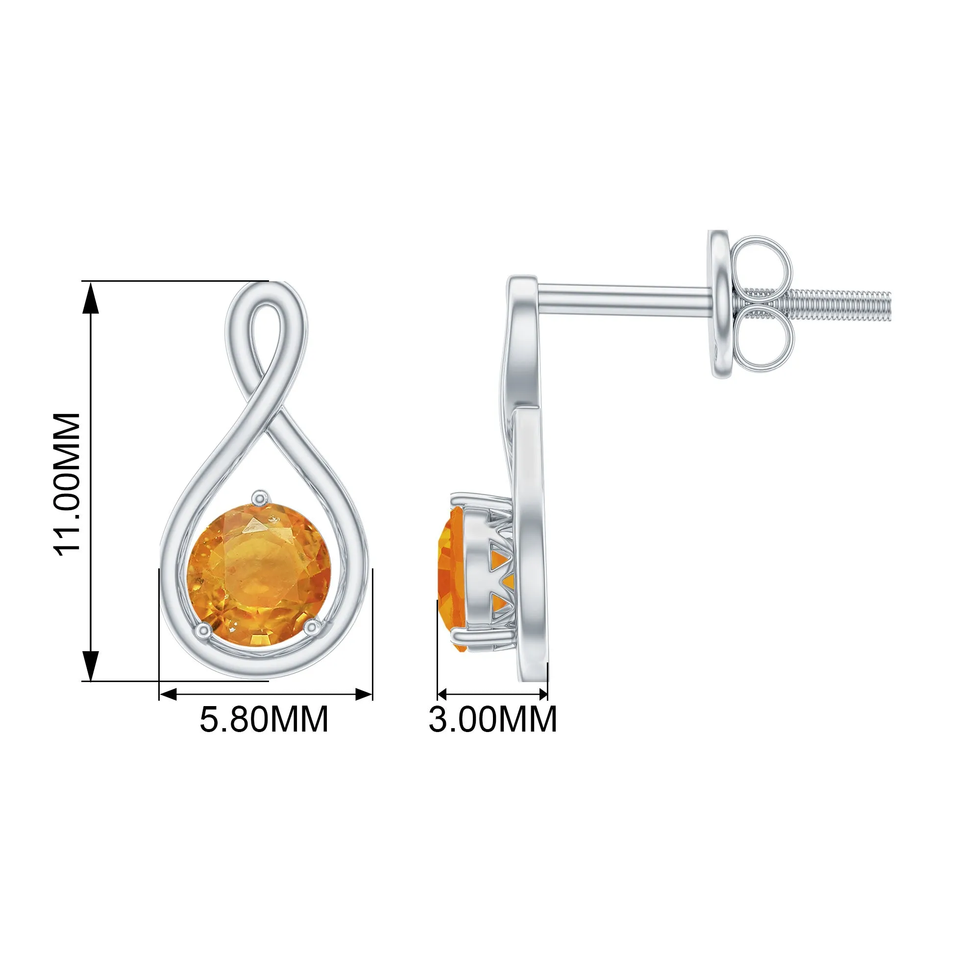 Simple Orange Sapphire Solitaire Infinity Stud Earring