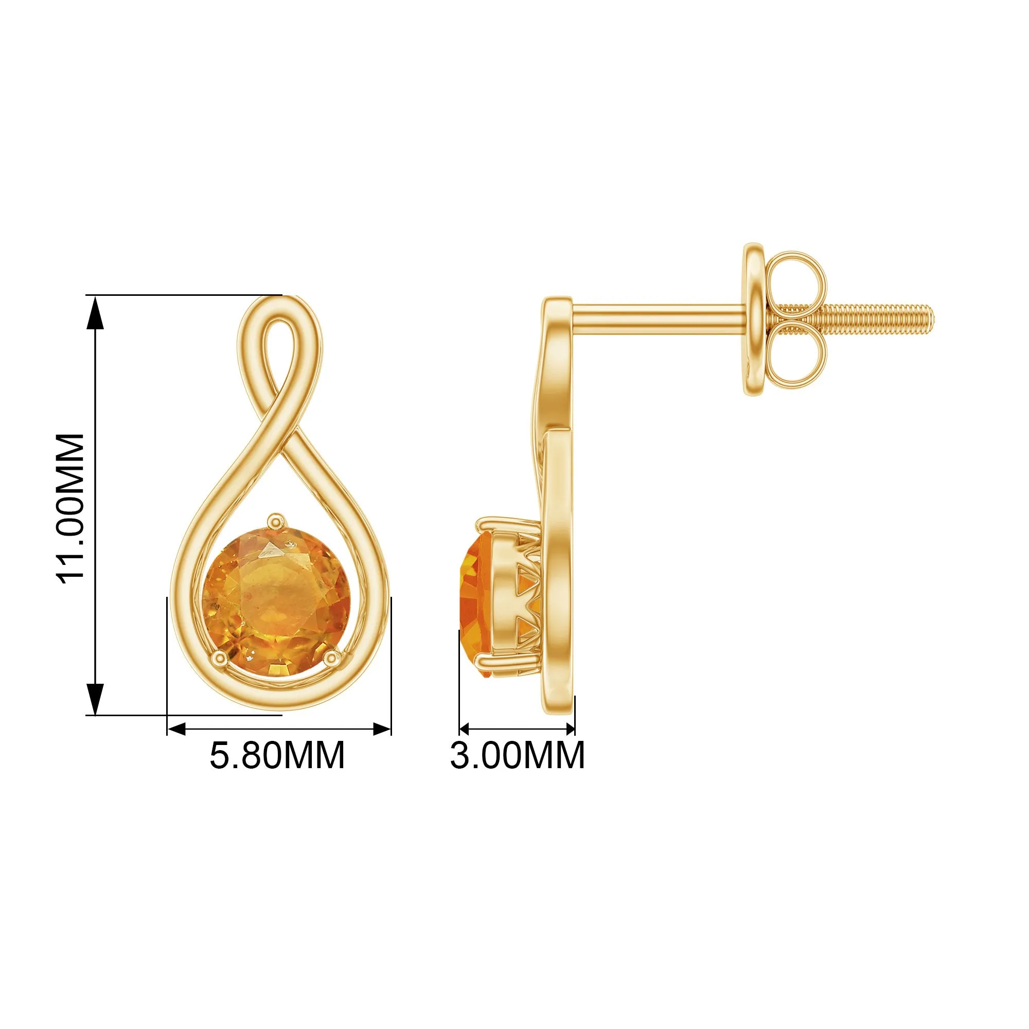 Simple Orange Sapphire Solitaire Infinity Stud Earring