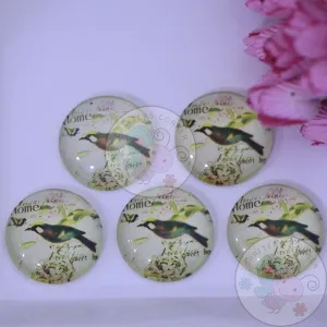 Small Round Glass Cabochon - Bird with Branch