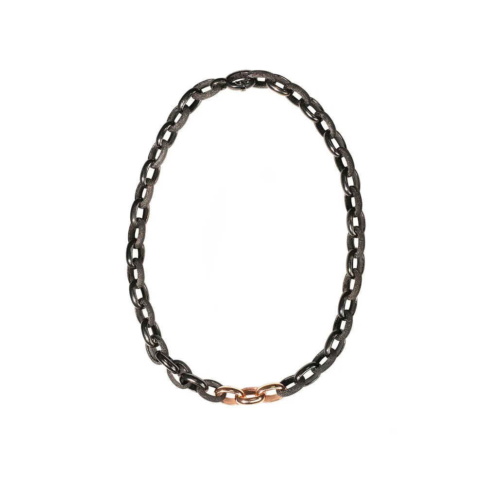 Sterling Silver Black Rhodium Alternating Link NOEL Necklace with Rose Gold links