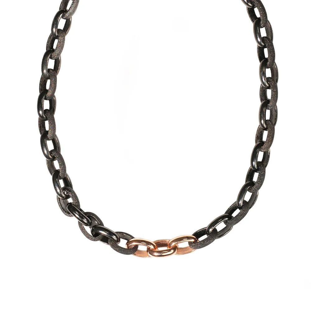 Sterling Silver Black Rhodium Alternating Link NOEL Necklace with Rose Gold links
