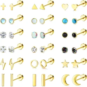 TEN MIRO 18 Pairs Tiny Cartilage Stud Earrings Set for Women Men 316L Stainless Steel 20G Cartilage Helix Earrings Moon Star Heart CZ Opal Geometric Flat Back Stud Earrings Piercing Jewelry(Gold)