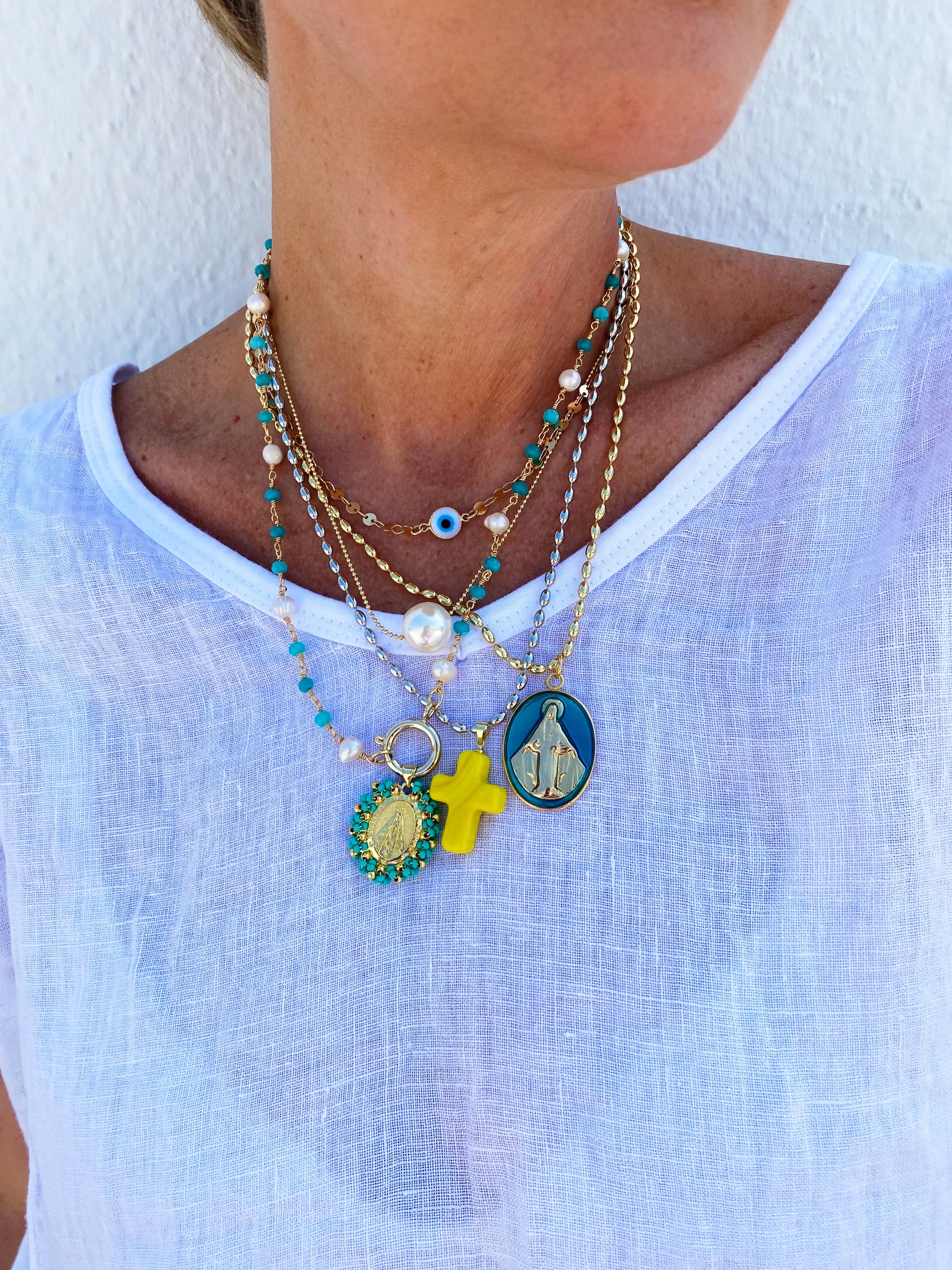 Turq and Pearl Chain Necklace with Medallion