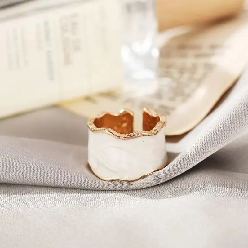 Vintage White Enamel Geometric Adjustable Ring
