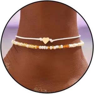 White Beaded Ankle Bracelets for Women Handmade Beaded Anklets Heart Anklet Chain Boho Adjustable Beach Foot Anklet Set Summer Jewelry for Women
